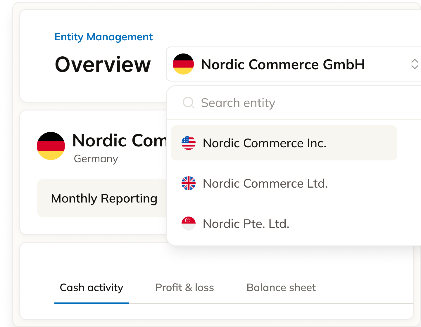 Commenda entity management workspace showing the entity selector with Nordic Commerce subsidiaries across Germany, the US, the UK, and Singapore