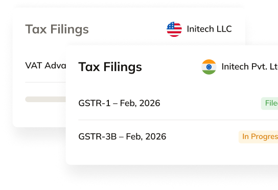 Tax filings list with VAT and GST rows, status pills, and progress bar