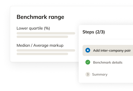 Transfer pricing benchmark range with quartile bars and Steps progress panel