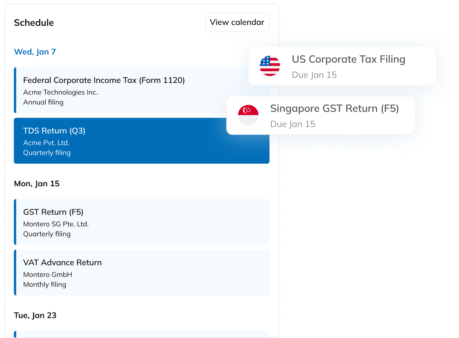 Commenda corporate income tax filing schedule with US Form 1120, Singapore GST F5, UK VAT and German VAT advance return deadlines across entities