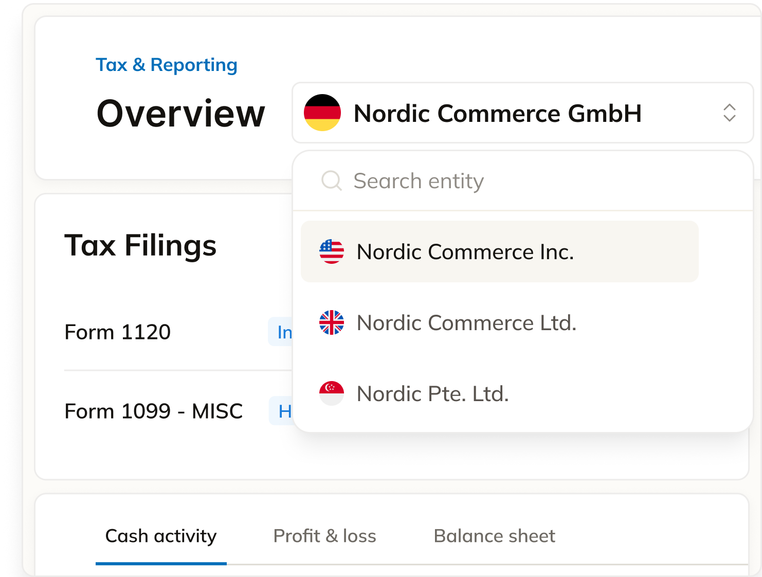 Commenda multi-entity financial reporting workspace showing subsidiary close progress, intercompany eliminations, and statutory accounts per jurisdiction