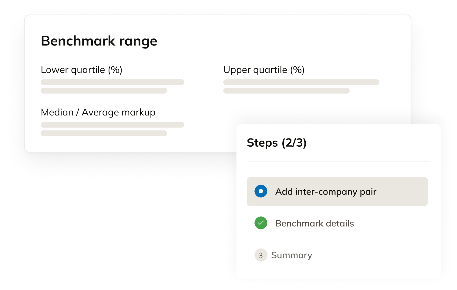 Commenda benchmarking workspace showing the benchmark range form with lower quartile, upper quartile, and median markup inputs alongside a multi-step progress stepper