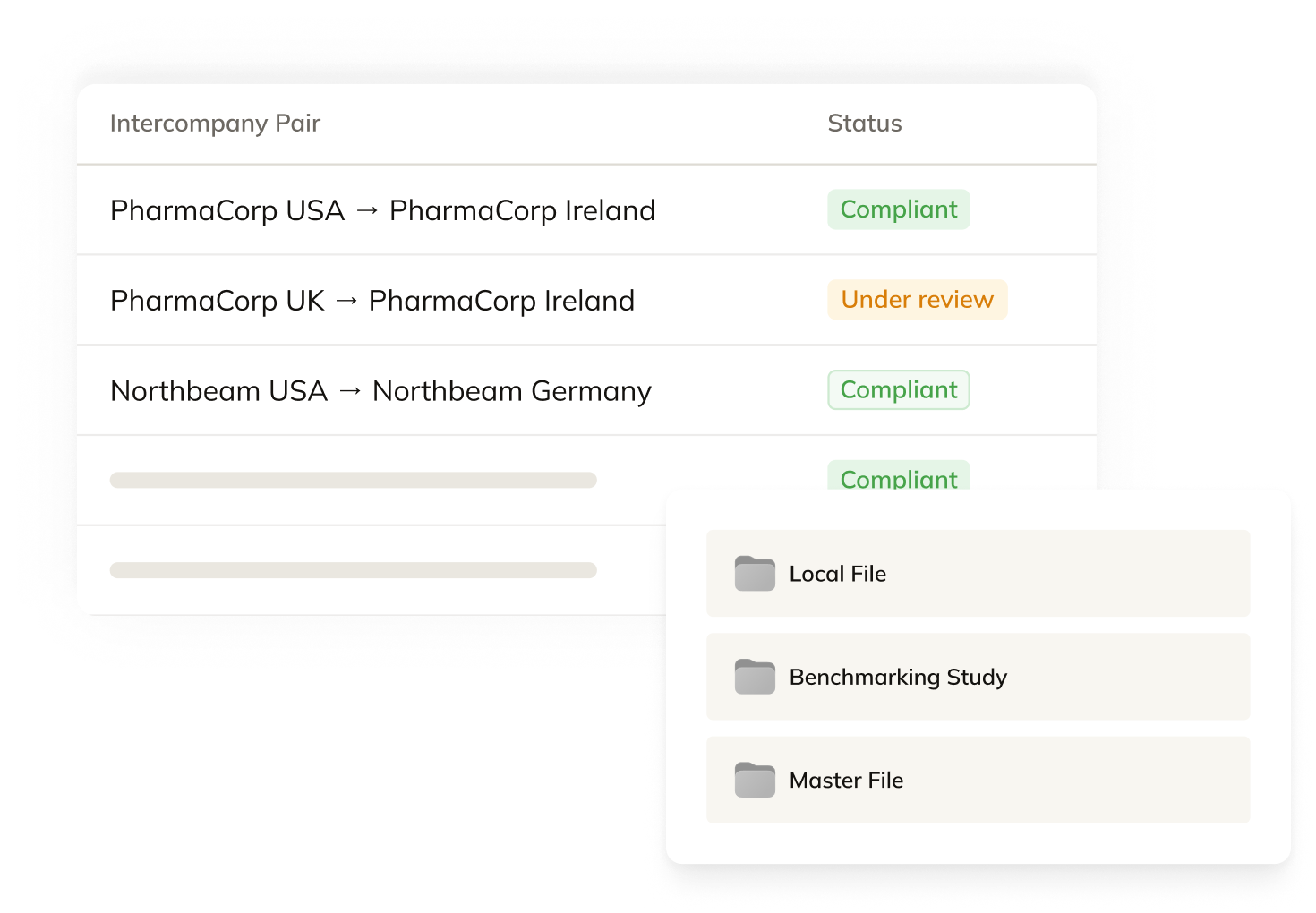 Commenda transfer pricing documentation workspace showing the intercompany pairs table next to a documents panel listing Local File, Benchmarking Study, and Master File folders
